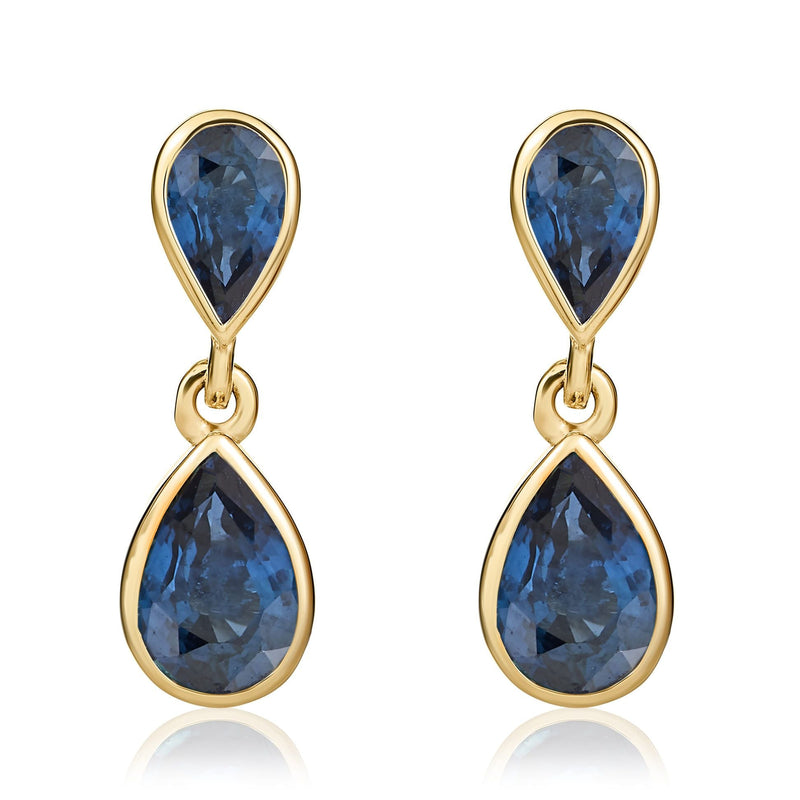 9ct Yellow Gold Pear Shaped Natural Blue Sapphire Two Stone Rubover Drop Earrings