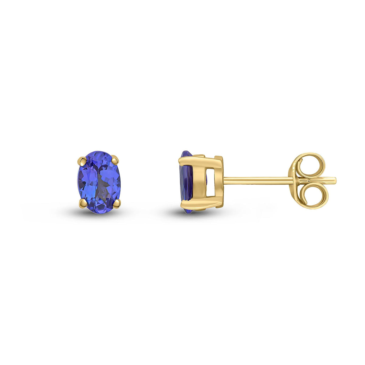 9ct Yellow Gold Oval Natural Tanzanite Claw Stud Earrings — 6x4mm