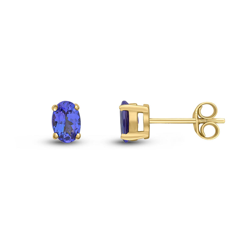 9ct Yellow Gold Oval Natural Tanzanite Claw Stud Earrings — 6x4mm