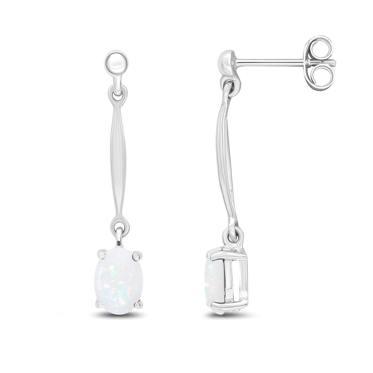 9ct White Gold Oval Natural Opal Claw Bar Drop Earrings — 7x5mm