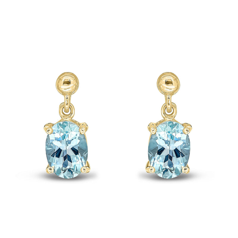 9ct Yellow Gold Oval Natural Aquamarine Claw Drop Earrings — 7x5mm