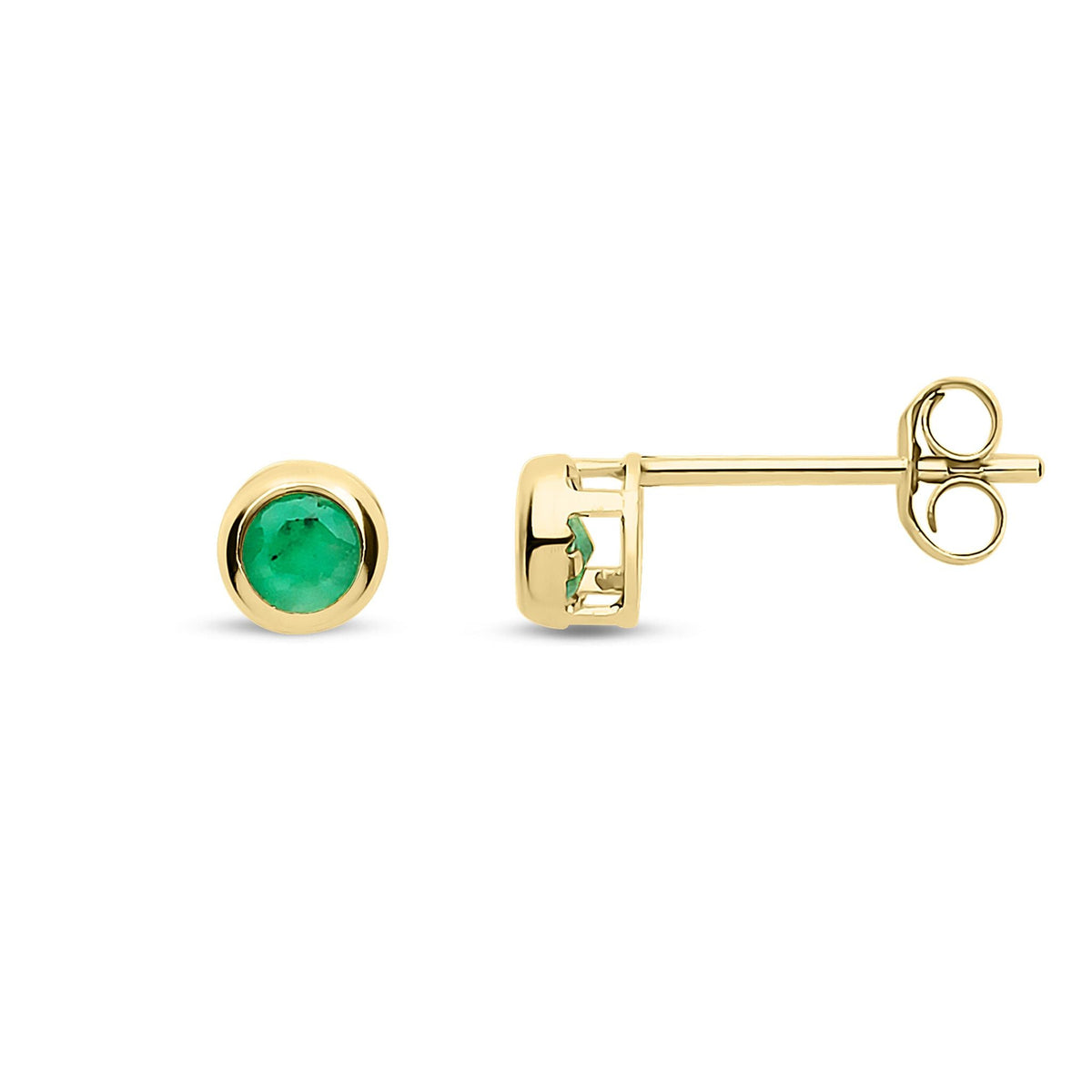 9ct Yellow Gold Rubover Set Natural Emerald Stud Earrings