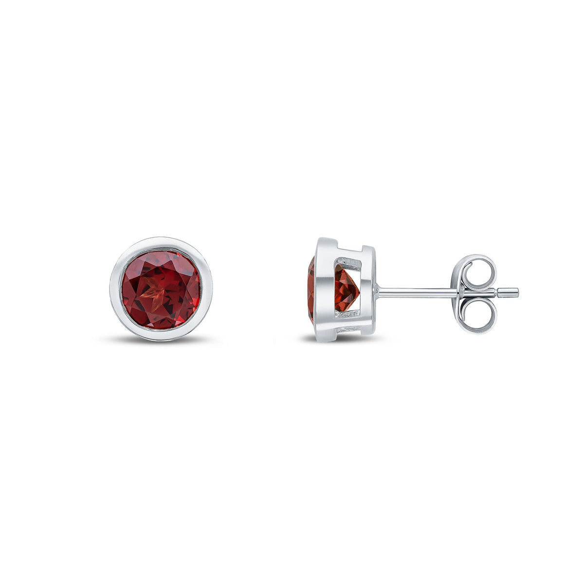 9ct White Gold Round Natural Garnet Rubover Stud Earrings — 6mm