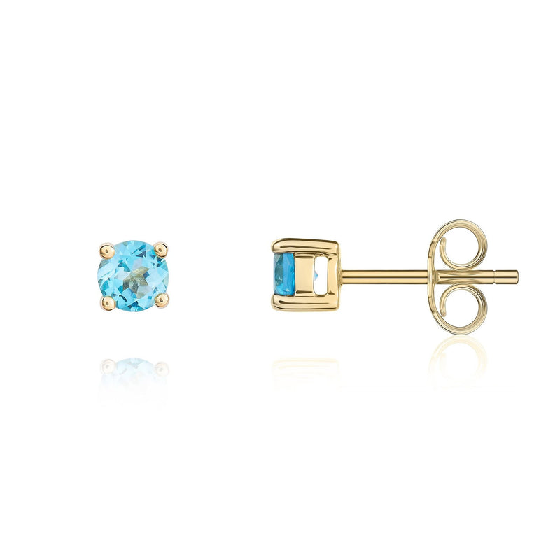 9ct Yellow Gold Round Natural Swiss Blue Topaz Claw Stud Earrings — 4mm