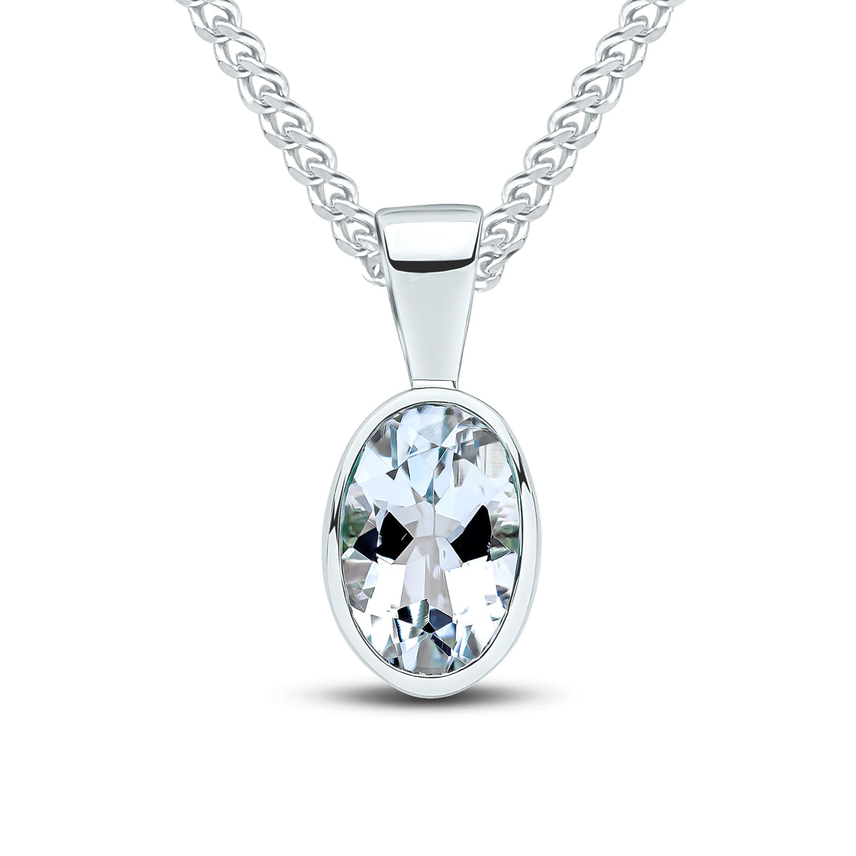9ct White Gold Oval Natural Aquamarine Rubover Pendant — 7x5mm