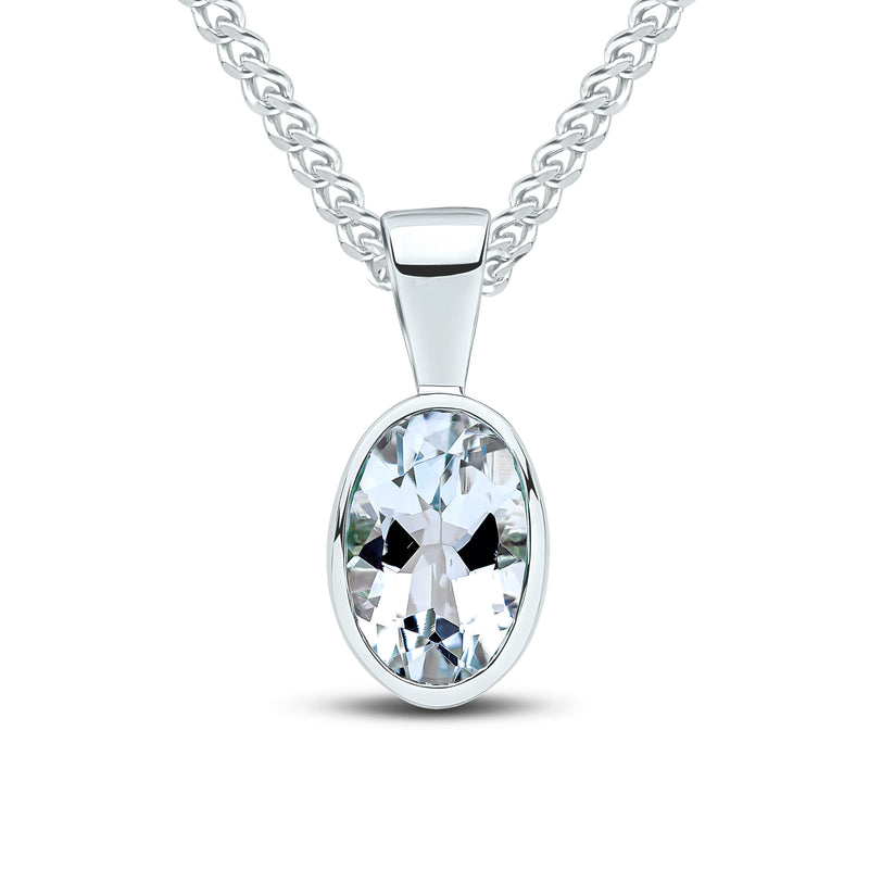 9ct White Gold Oval Natural Aquamarine Rubover Pendant — 7x5mm