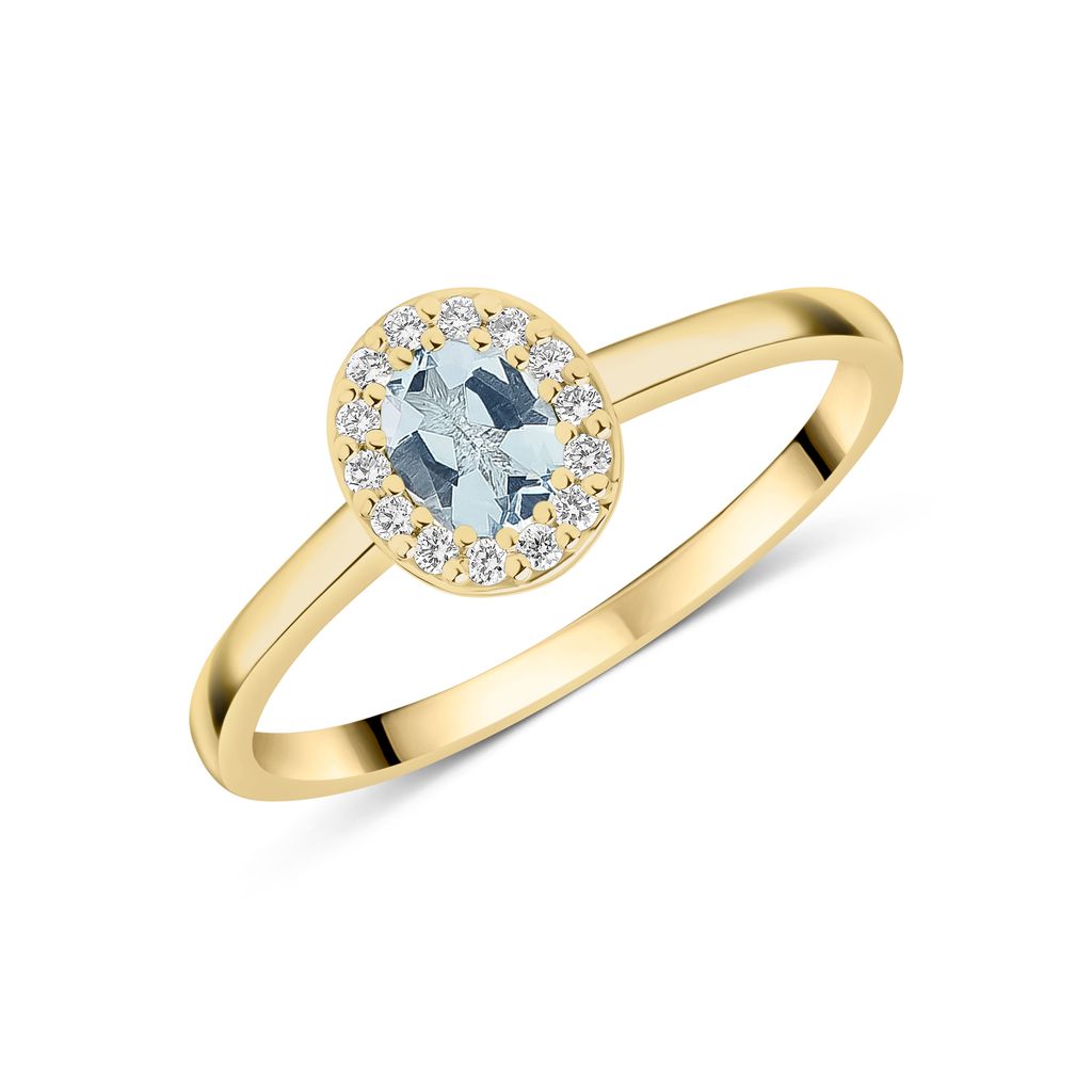 18ct Yellow Gold Oval Aquamarine and Diamond Microset Cluster Ring — 5x4mm