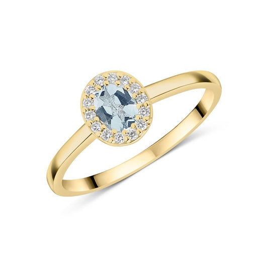 18ct Yellow Gold Oval Natural Aquamarine and Diamond Halo Cluster Ring — 5x4mm