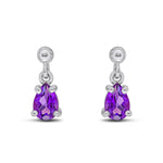 9ct White Gold Pear Shaped Natural Amethyst Claw Drop Earrings — 6x4mm