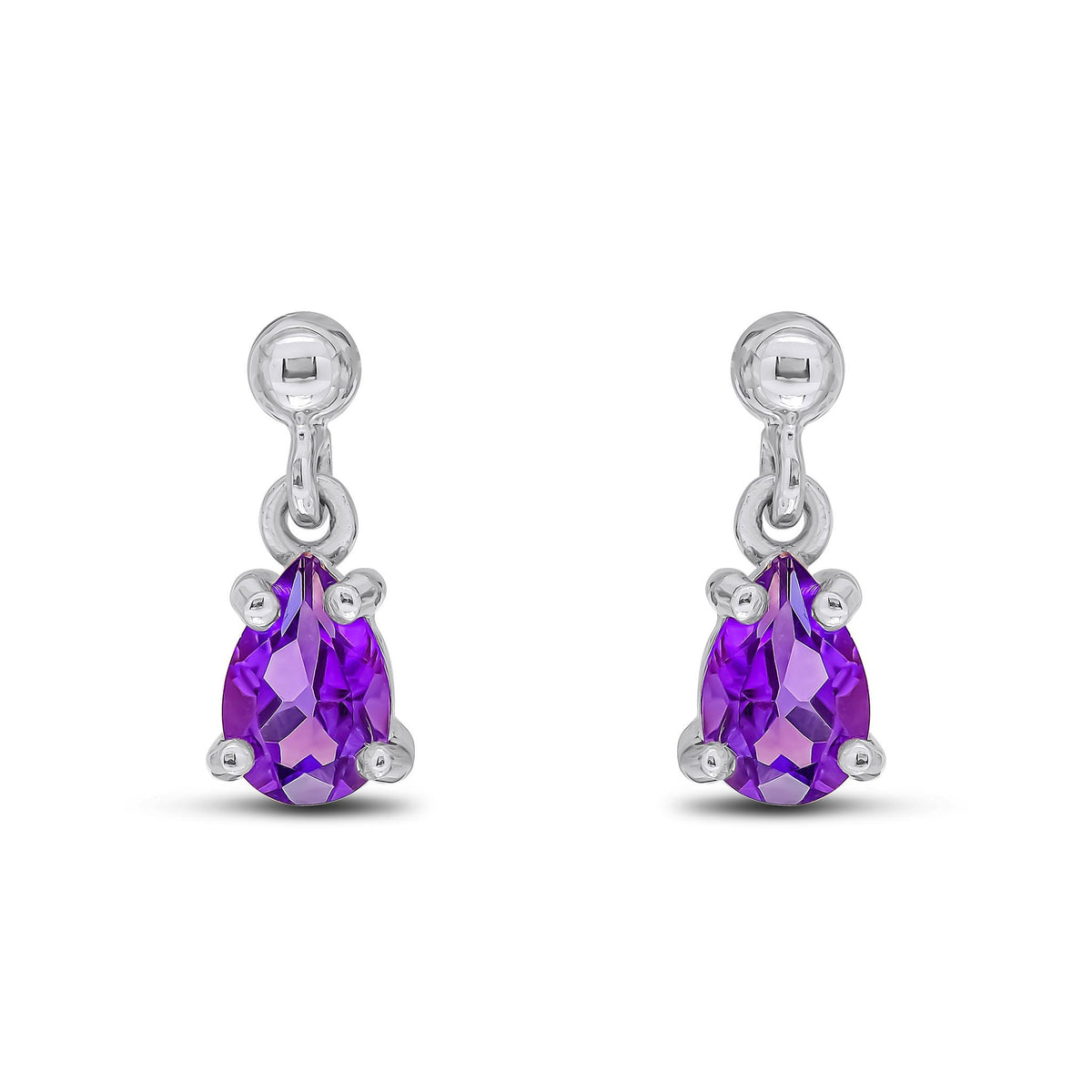 9ct White Gold Pear Shaped Natural Amethyst Claw Drop Earrings — 6x4mm