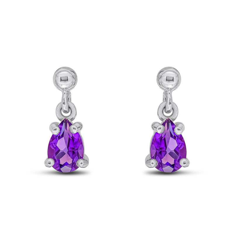 9ct White Gold Pear Shaped Natural Amethyst Claw Drop Earrings — 6x4mm