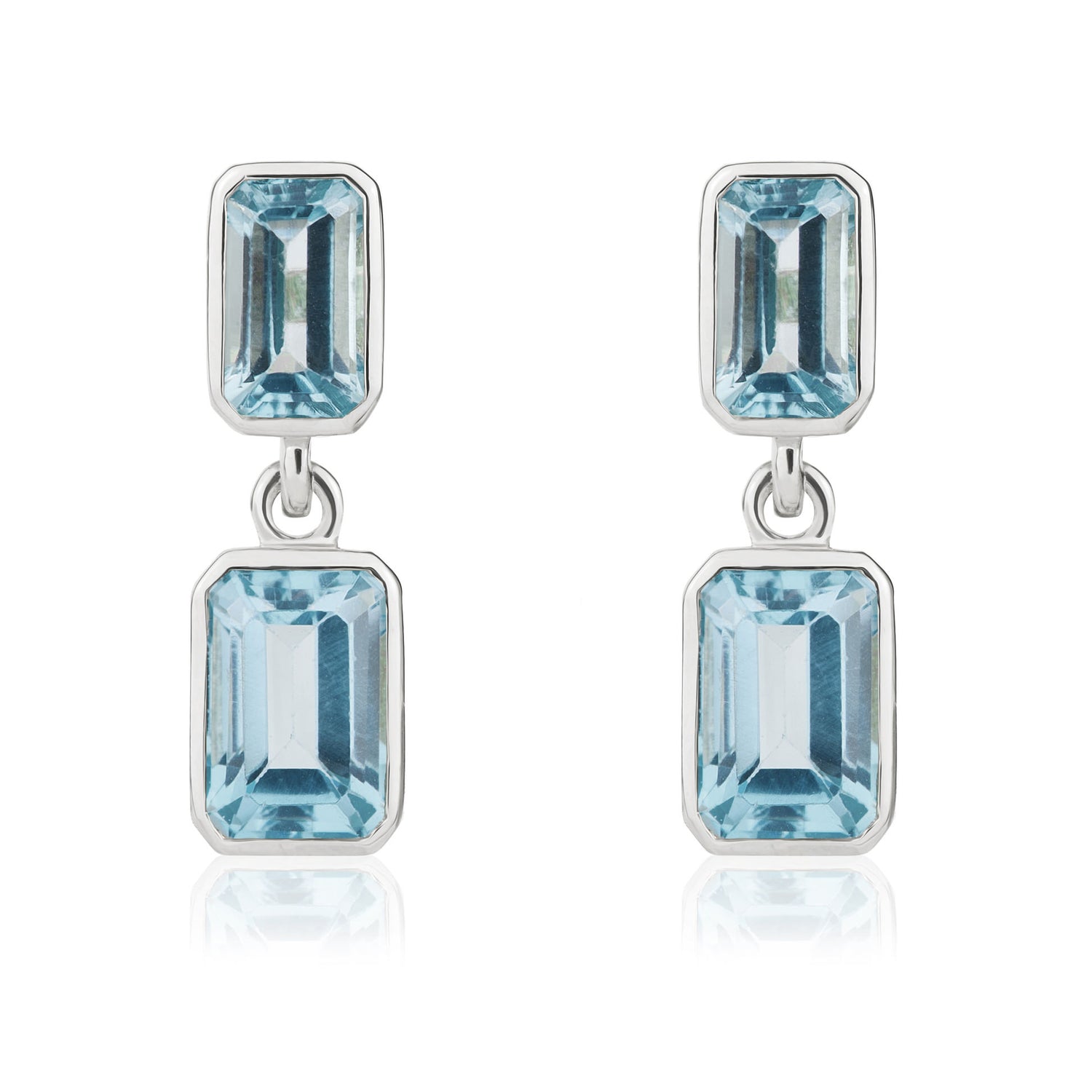 9ct White Gold Octagonal Emerald Cut Natural Swiss Blue Topaz Double Stone Rubover Drop Earrings — 5x3mm
