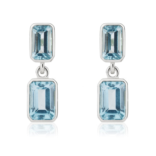 9ct White Gold Octagonal Emerald Cut Natural Swiss Blue Topaz Double Stone Rubover Drop Earrings