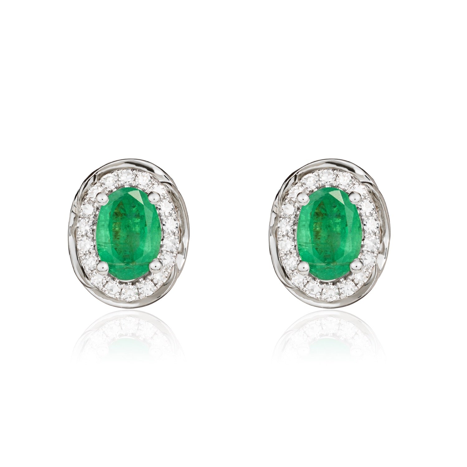 9ct White Gold Oval Natural Emerald and Diamond Cluster Earrings — 7x5mm