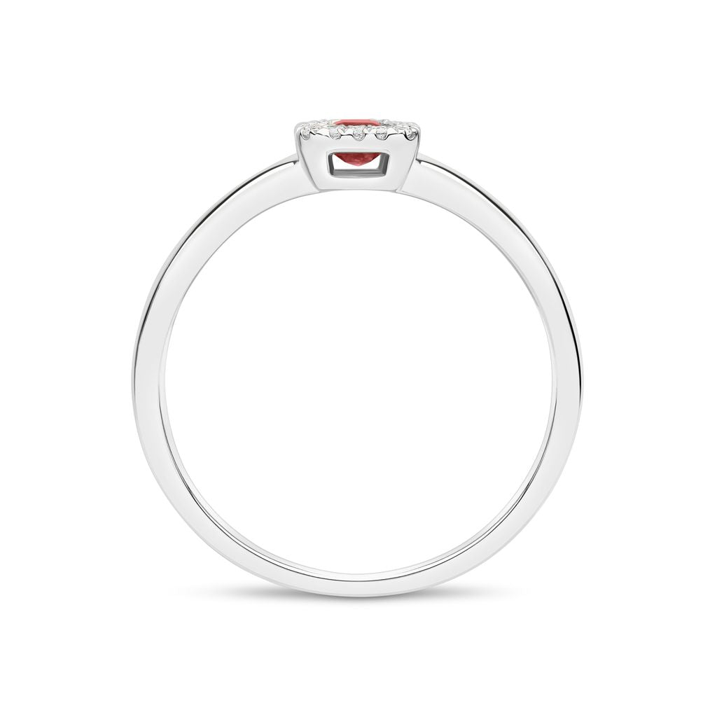 18ct White Gold Emerald Cut Ruby and Diamond Microset Cluster Ring — 5x3mm