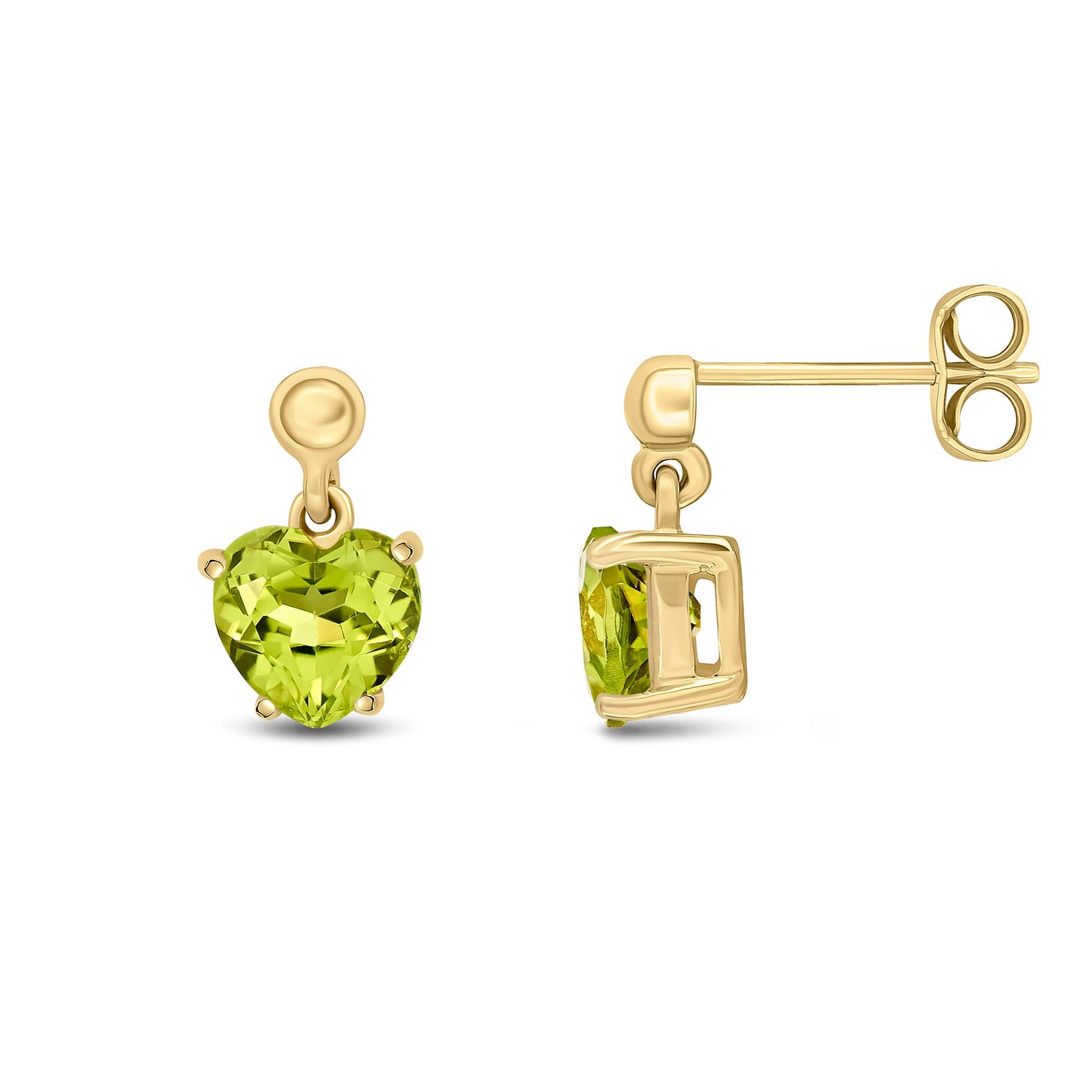 9ct Yellow Gold Heart Natural Peridot Claw Drop Earrings with Bead Tops — 6mm