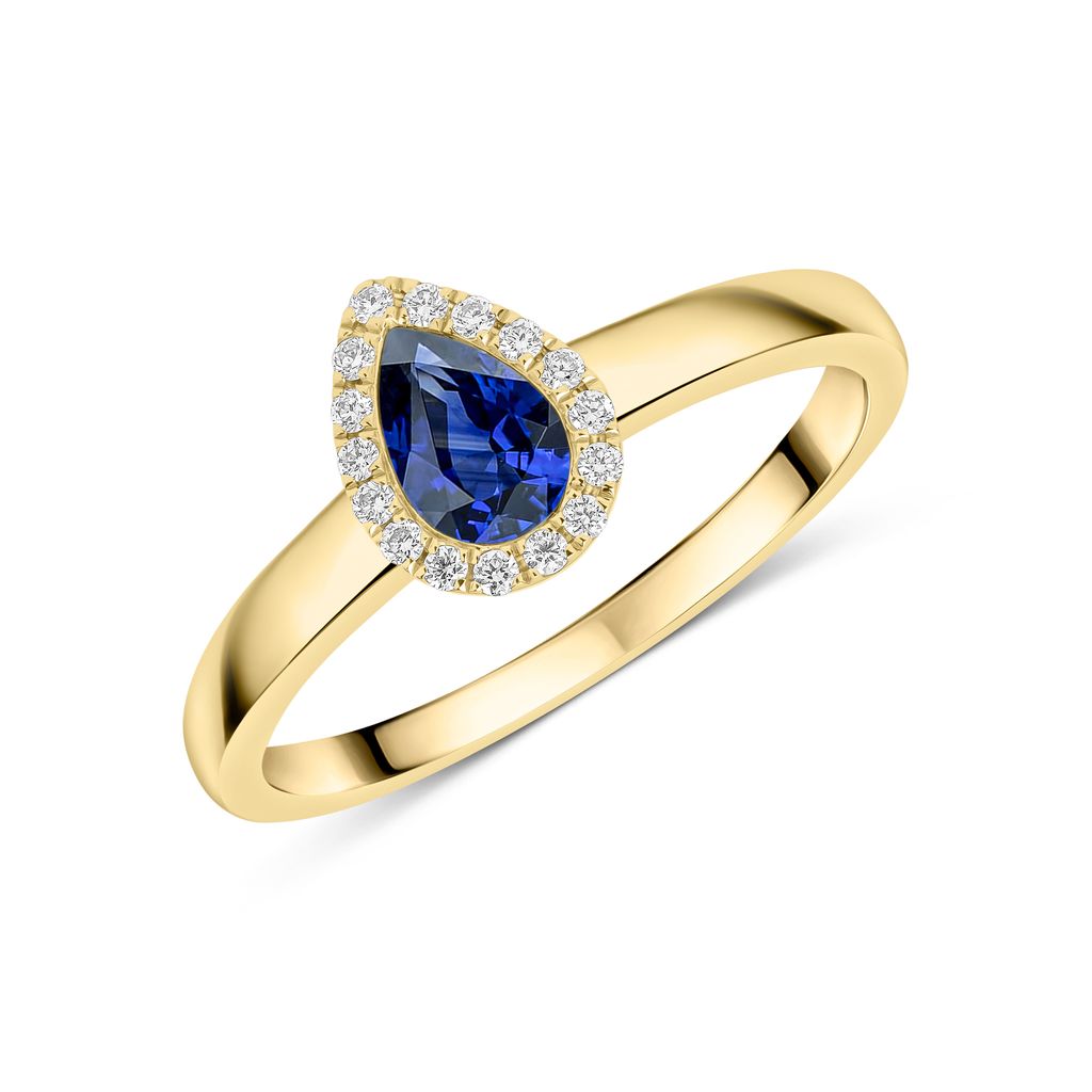 18ct Yellow Gold Pear Shape Sapphire and Diamond Microset Cluster Ring — 6x4mm