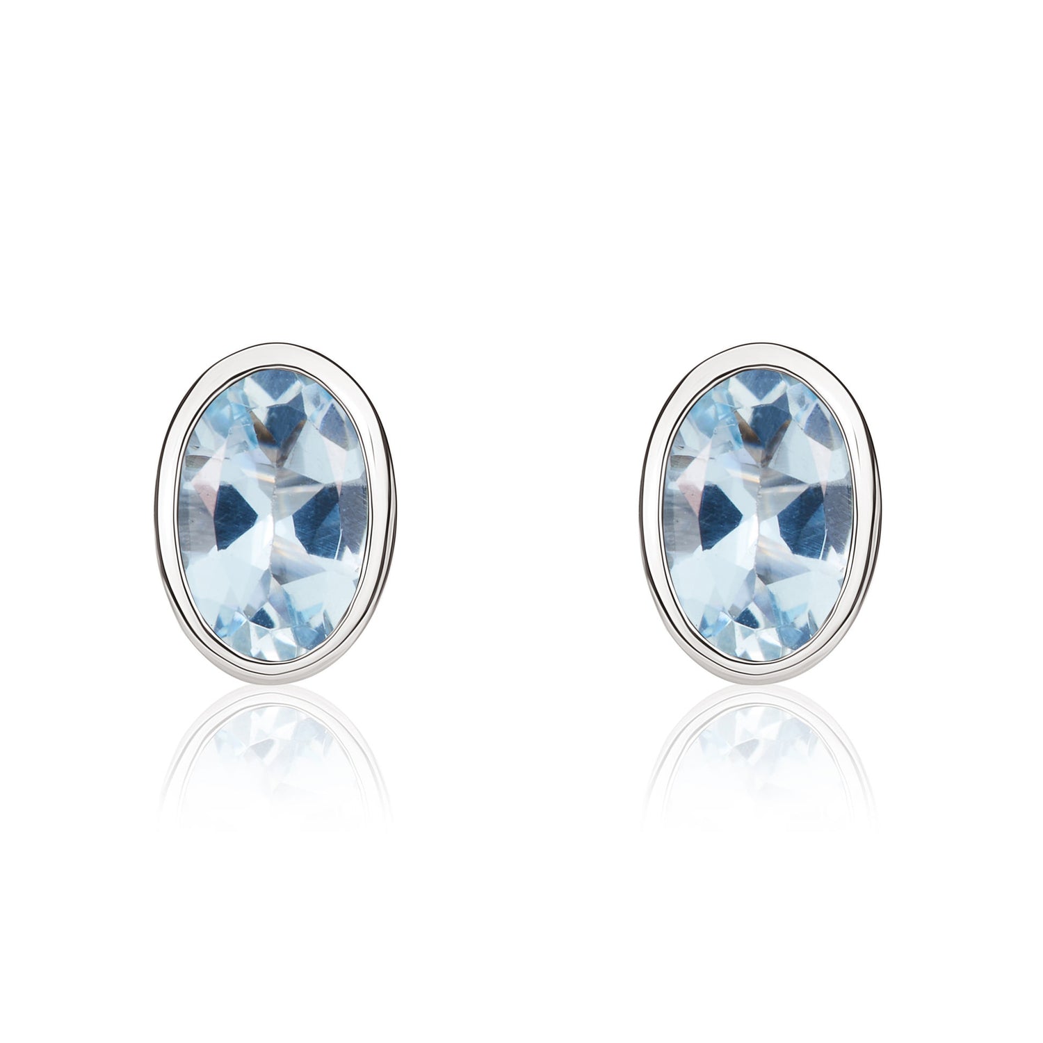 9ct White Gold Oval Natural Aquamarine Rubover Stud Earrings — 6x4mm