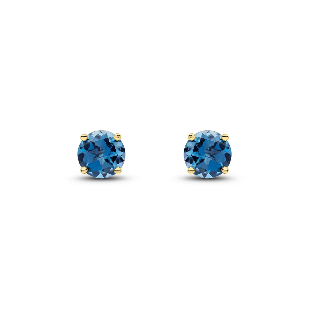 9ct Yellow Gold Round Natural London Blue Topaz Claw Stud Earrings — 6mm