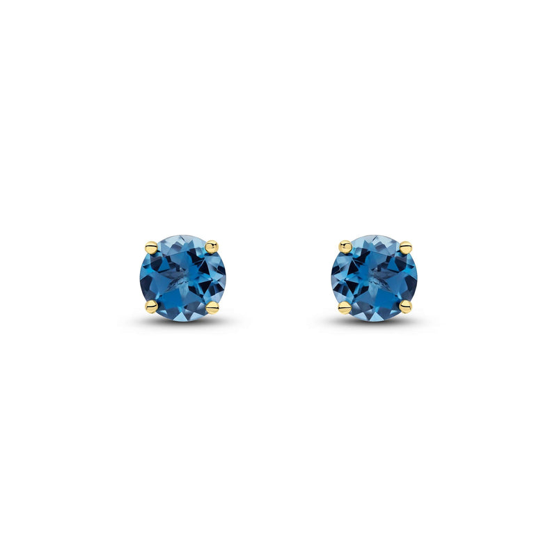 9ct Yellow Gold Round Natural London Blue Topaz Claw Stud Earrings — 6mm