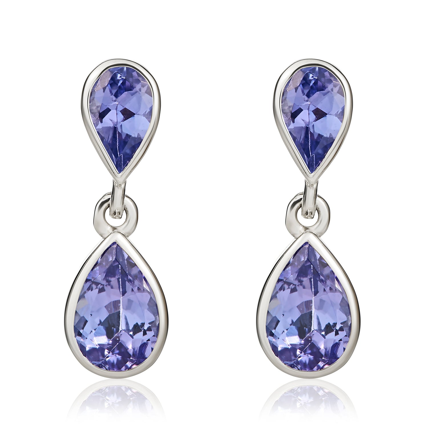 9ct White Gold Pear Shaped Natural Tanzanite Two Stone Rubover Drop Earrings