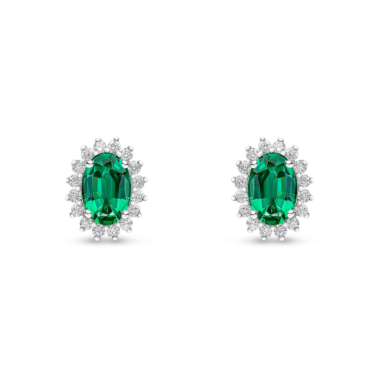 18ct White Gold Oval Natural Emerald and Round Diamond Claw Set Cluster Stud Earrings — 6x4mm