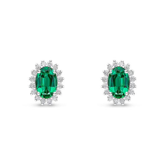 18ct White Gold Oval Natural Emerald and Round Diamond Claw Set Cluster Stud Earrings — 6x4mm
