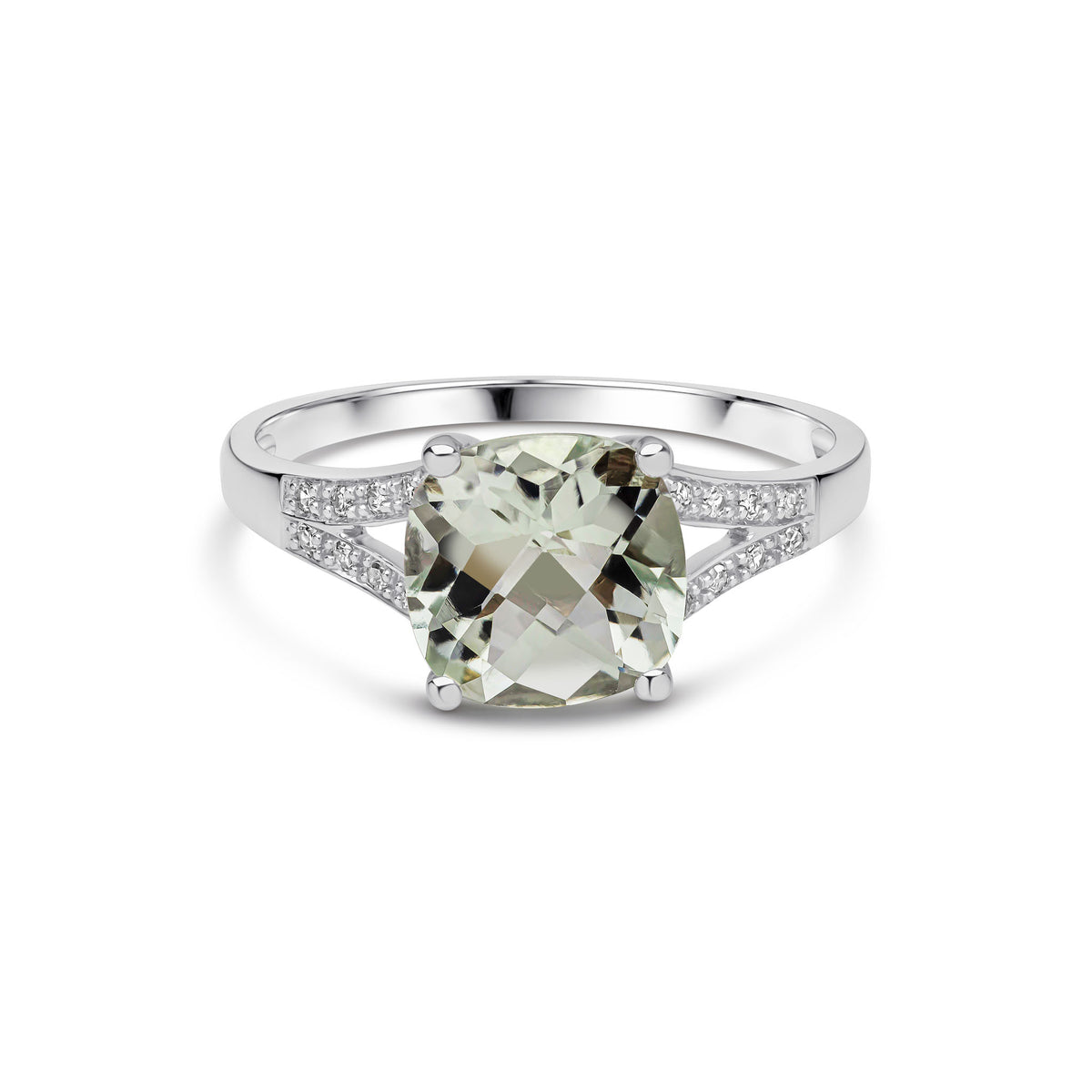 9ct White Gold Natural Cushion Cut Gemstone and Round Diamond Split Shoulder Ring