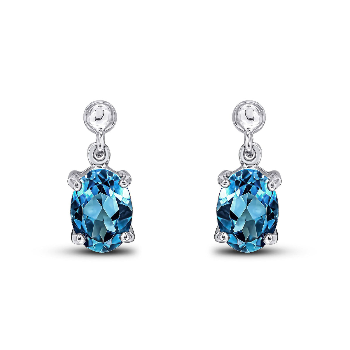 9ct White Gold Oval Natural London Blue Topaz Claw Drop Earrings — 7x5mm