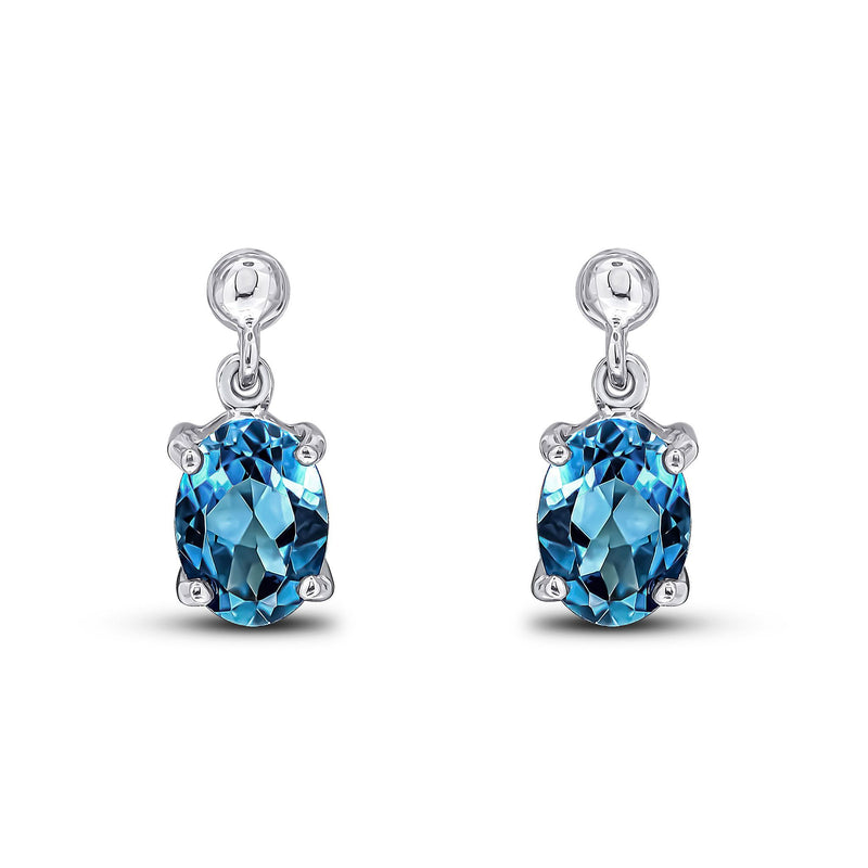 9ct White Gold Oval Natural London Blue Topaz Claw Drop Earrings — 7x5mm