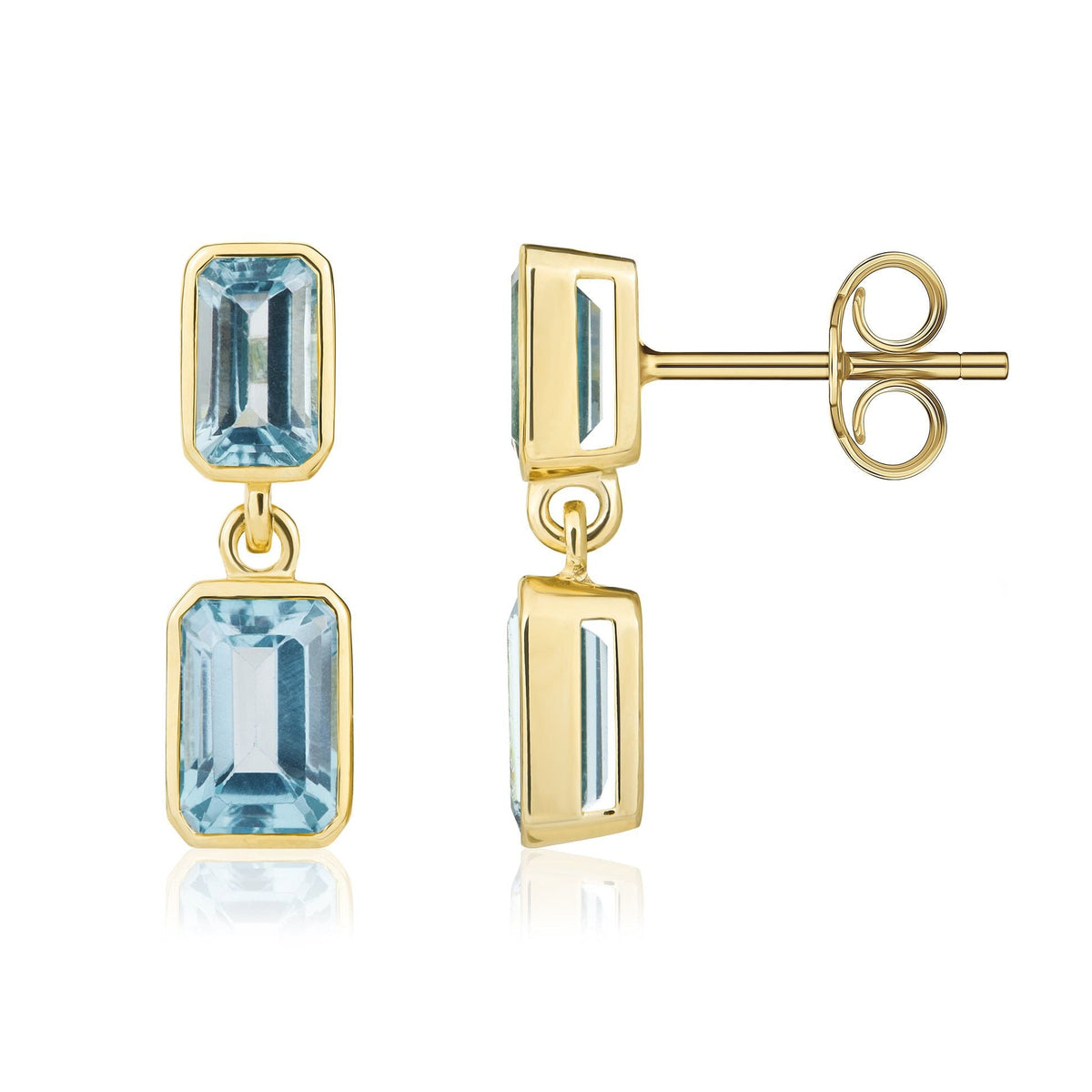 9ct Yellow Gold Octagonal Emerald Cut Natural Swiss Blue Topaz Double Stone Rubover Drop Earrings