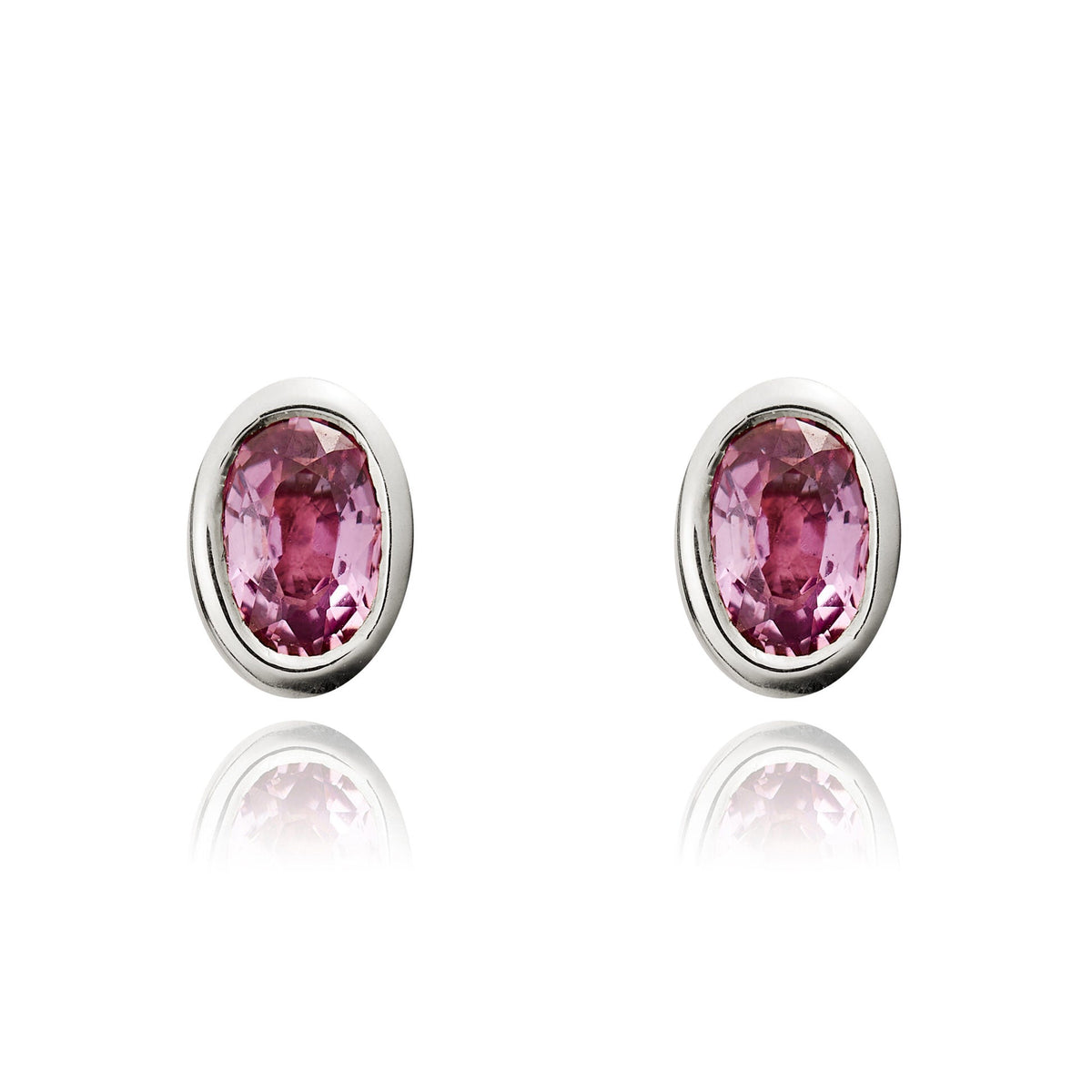 9ct White Gold Oval Natural Pink Sapphire Rubover Stud Earrings — 5x3mm