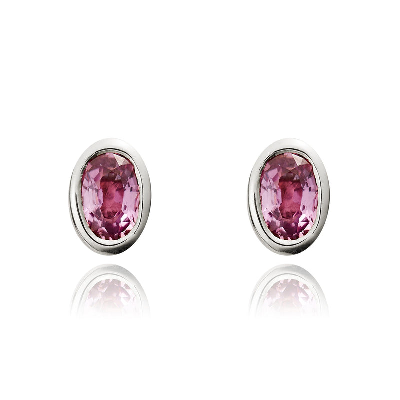 9ct White Gold Oval Natural Pink Sapphire Rubover Stud Earrings — 5x3mm