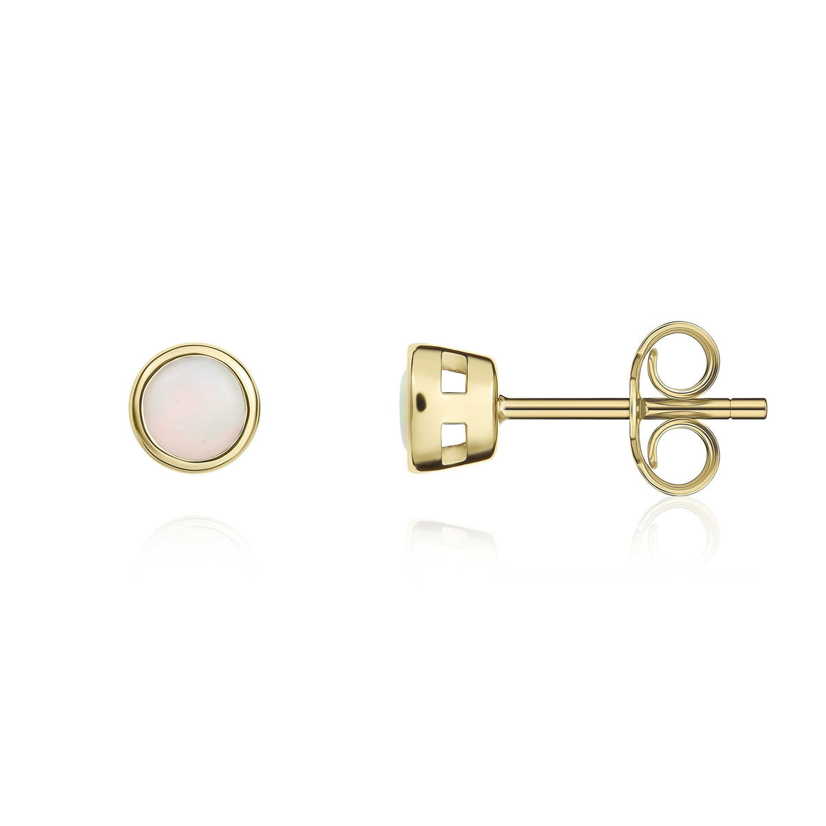 9ct Yellow Gold Round Natural Opal Rubover Stud Earrings — 3mm