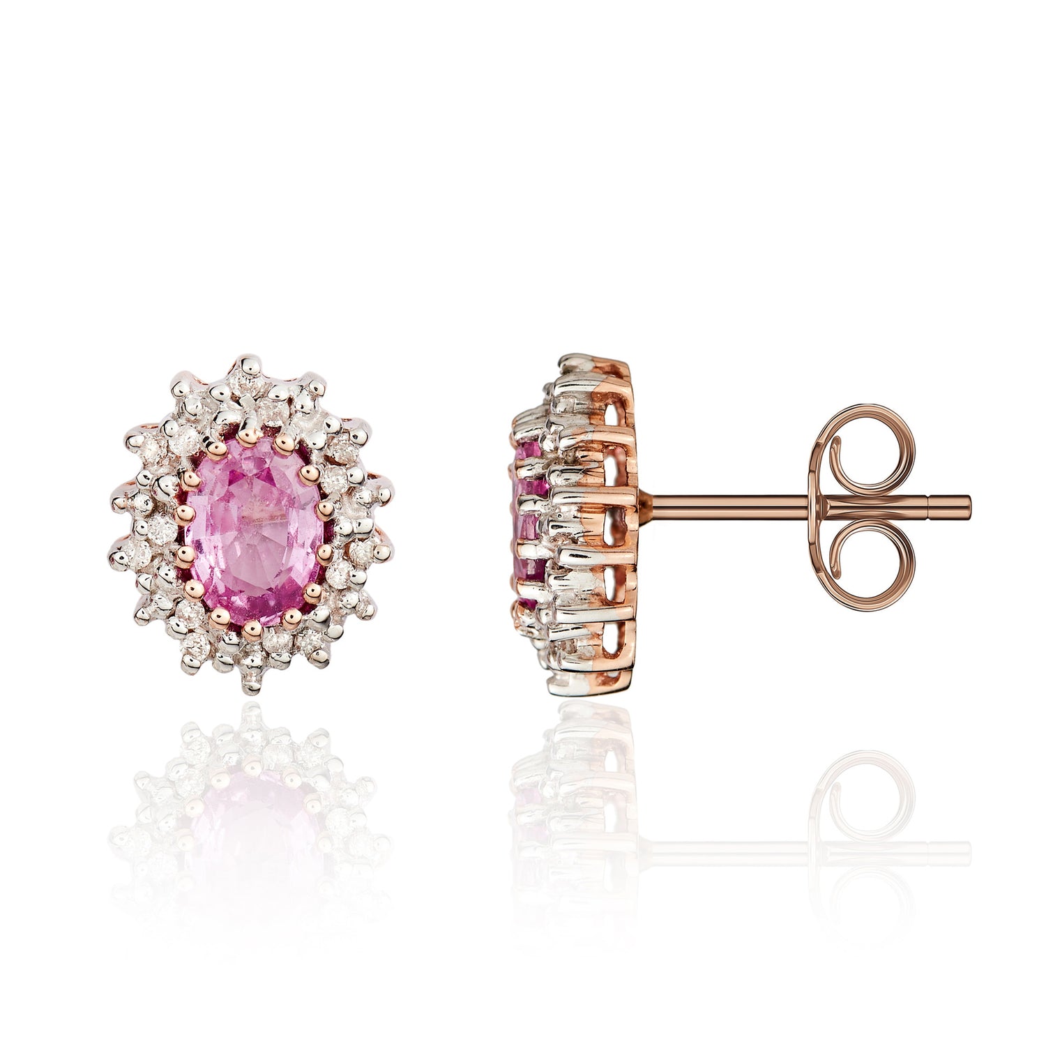 9ct Rose Gold Oval Natural Pink Sapphire and Diamond Cluster Earrings — 6x4mm