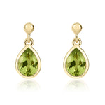 9ct Yellow Gold Pear Shaped Natural Peridot Rubover Drop Earrings — 7x5mm