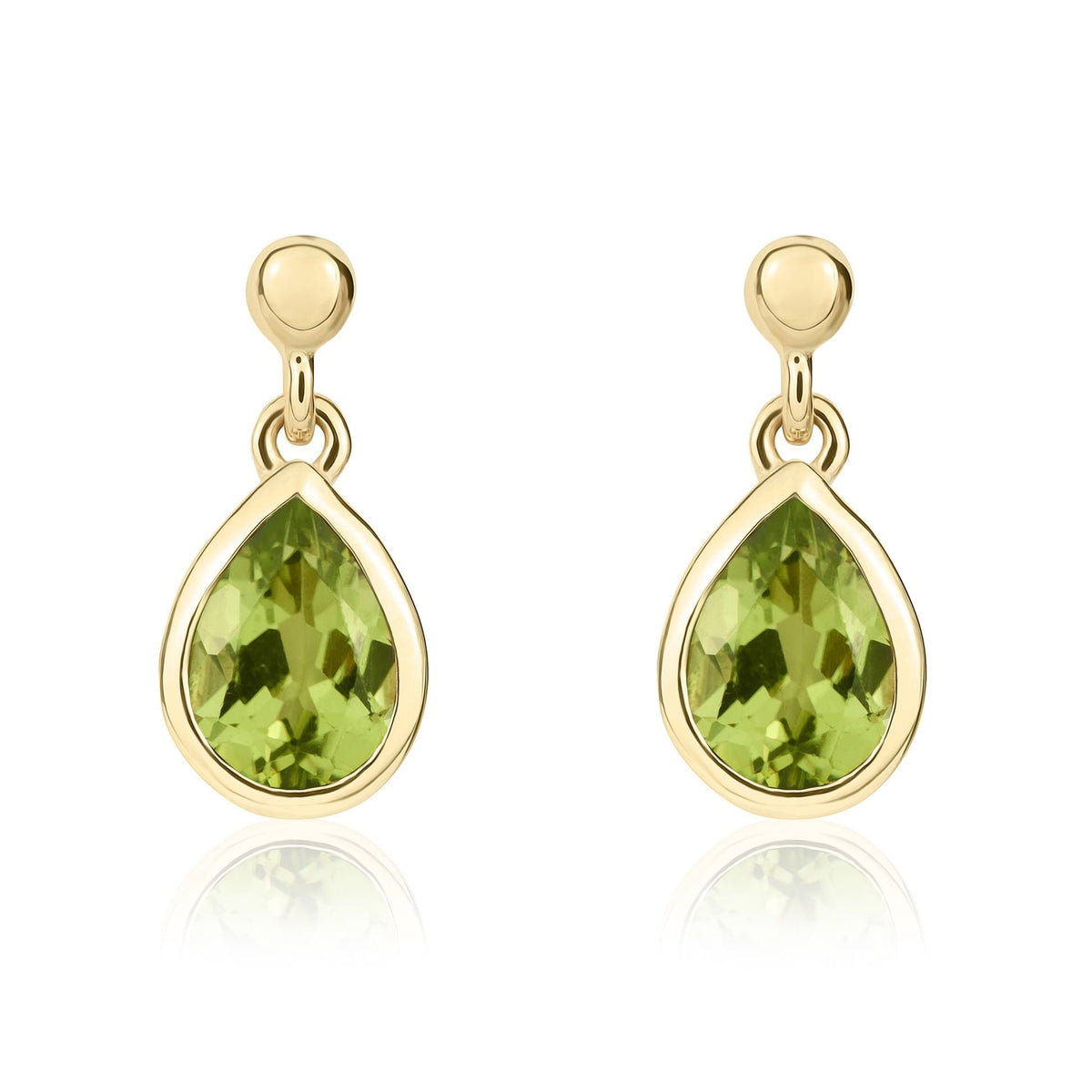 9ct Yellow Gold Pear Shaped Natural Peridot Rubover Drop Earrings — 7x5mm