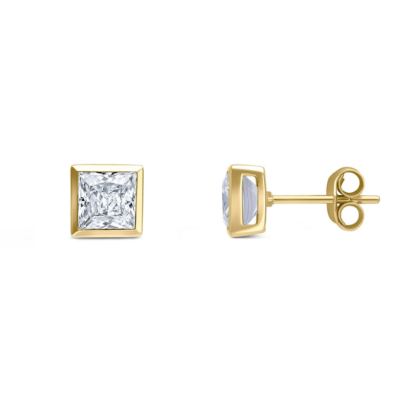 9ct Yellow Gold Square Cubic Zirconia CZ Rubover Stud Earrings — 5mm