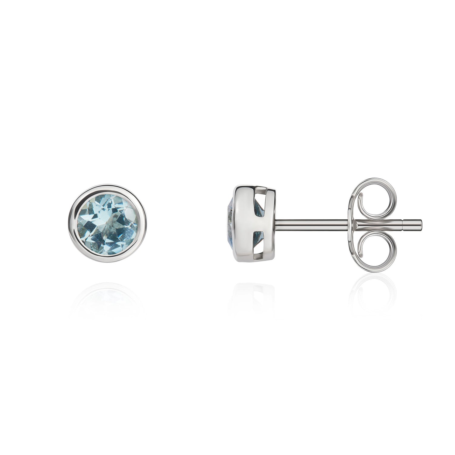 9ct White Gold Round Natural Aquamarine Rubover Stud Earrings — 4mm