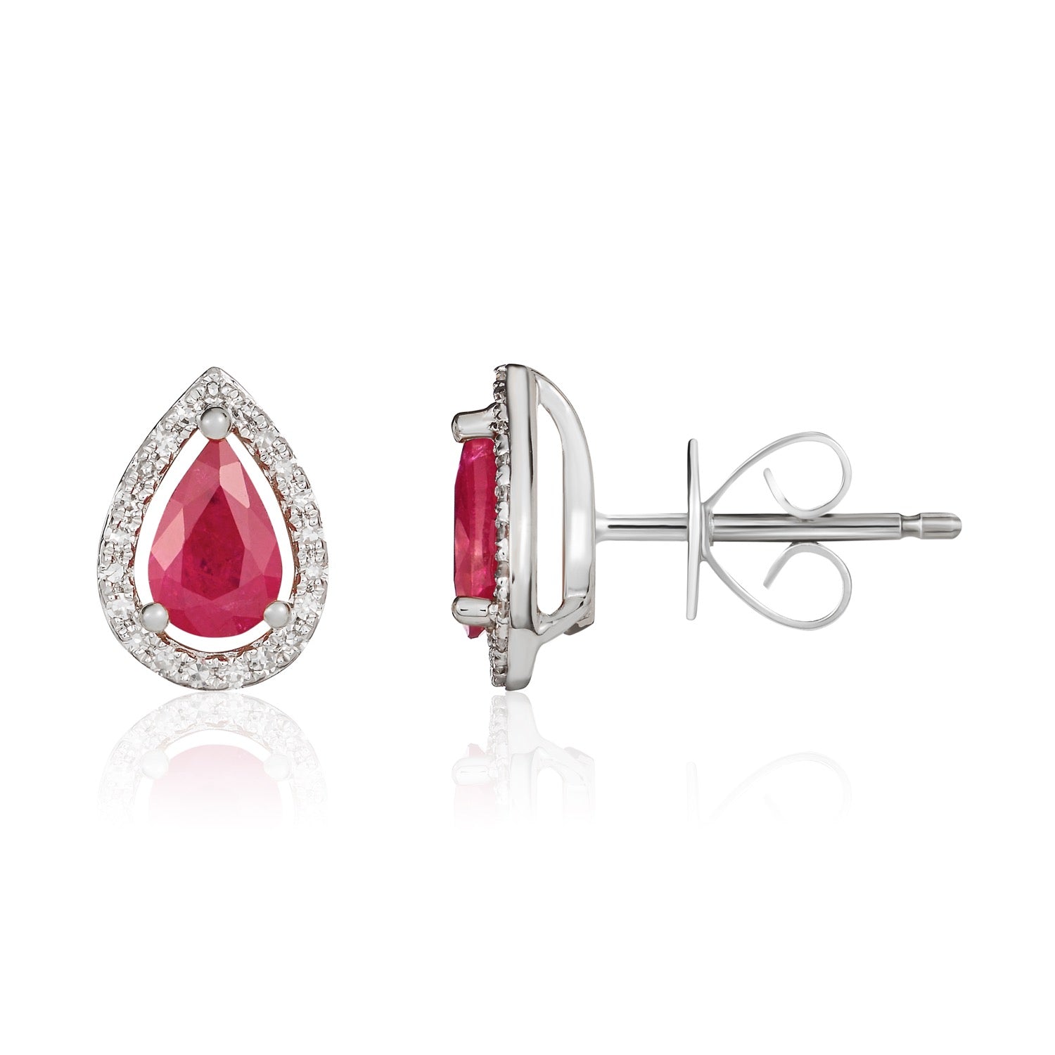 9ct White Gold Pear Shaped Natural Ruby and Diamond Cluster Earrings — 6x4mm