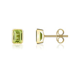 9ct Yellow Gold Octagonal Emerald Cut Natural Peridot Rubover Stud Earrings — 7x5mm