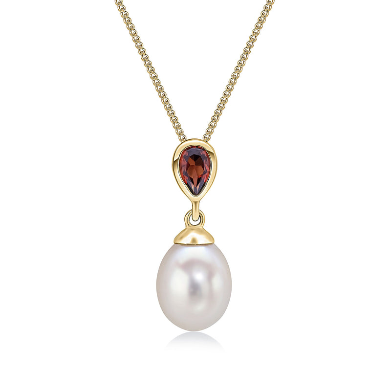 9ct Yellow Gold Pearl and Pear Shaped Natural Garnet Drop Pendant