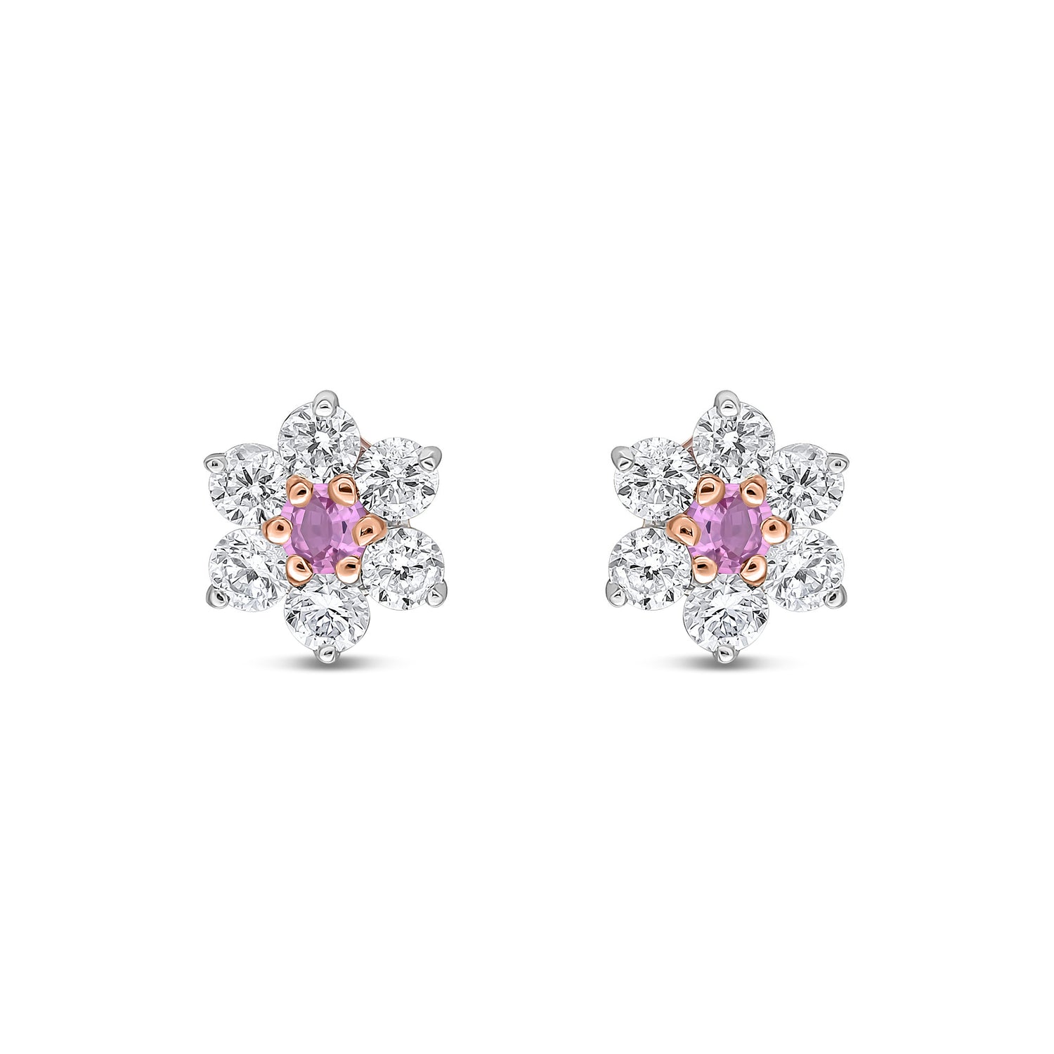 9ct Yellow Gold Round Natural Pink Sapphire and Diamond Cluster Earrings