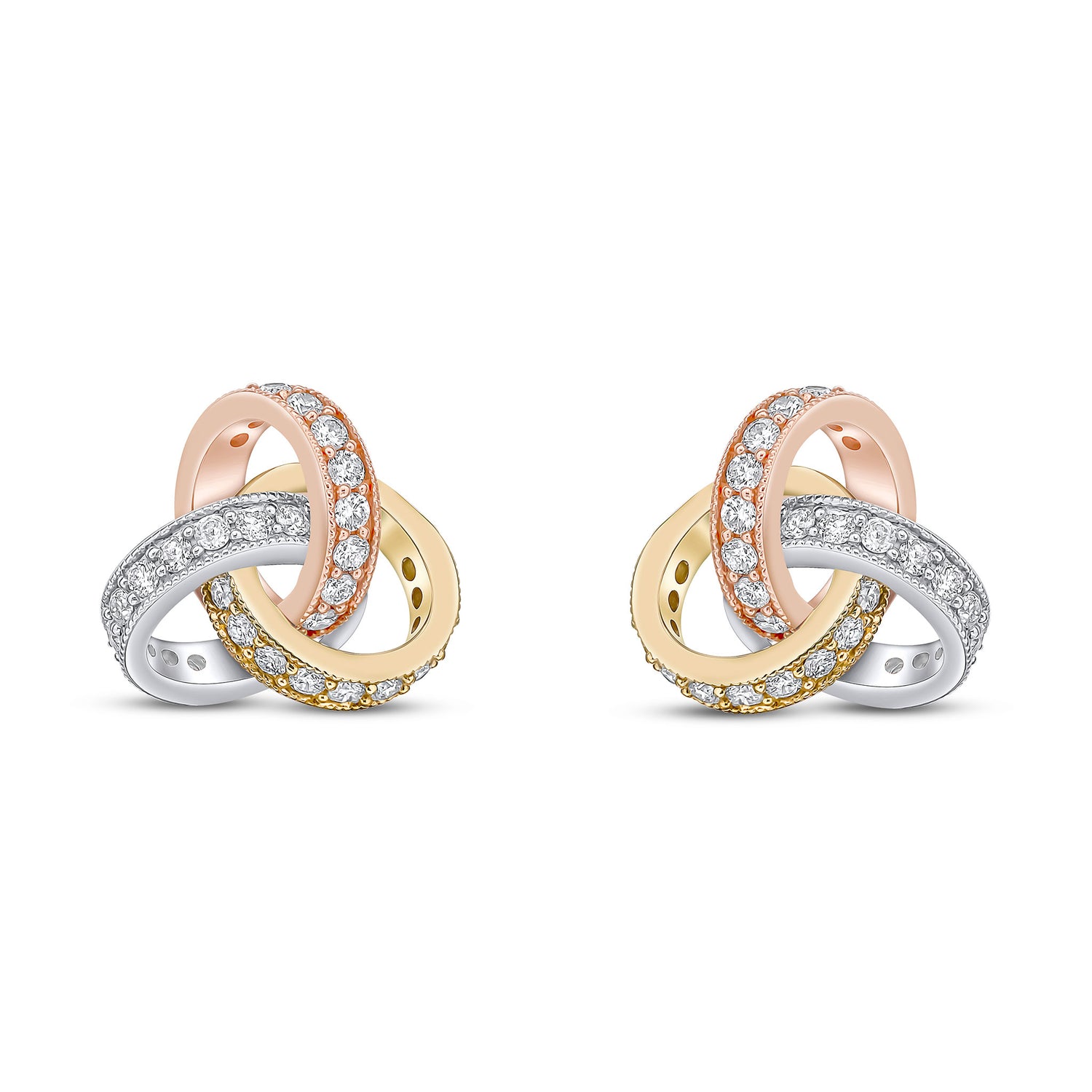18ct Yellow, White and Rose Gold Round Natural Diamond Grain Set Knot Stud Earrings