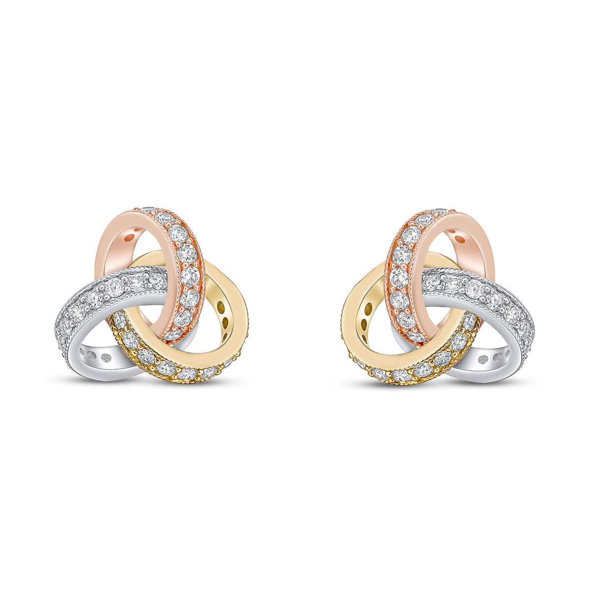 18ct Yellow, White and Rose Gold Round Natural Diamond Grain Set Knot Stud Earrings —13.5mm