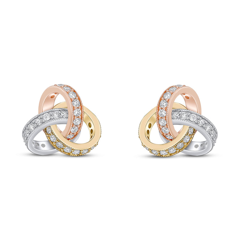 18ct Yellow, White and Rose Gold Round Natural Diamond Grain Set Knot Stud Earrings —13.5mm