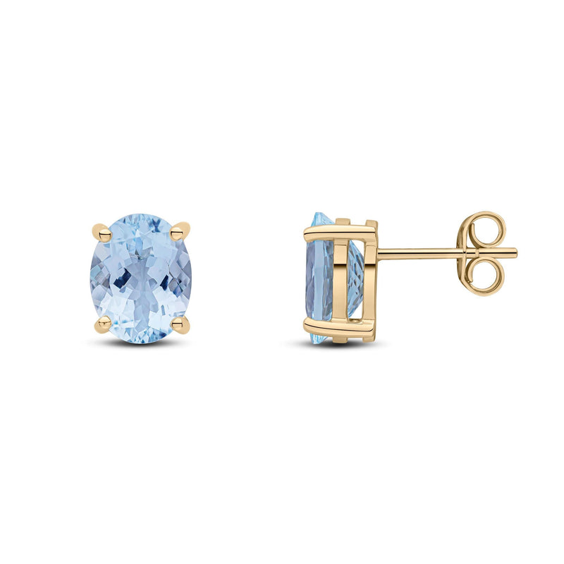 9ct Yellow Gold Oval Natural Aquamarine Claw Stud Earrings — 9x7mm
