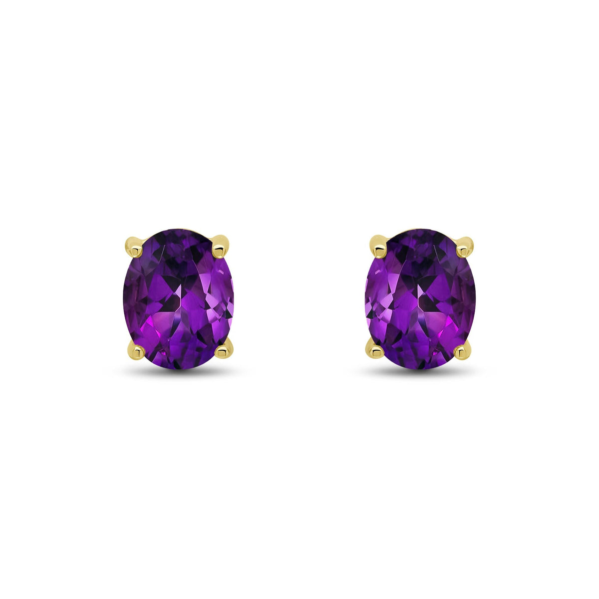 9ct Yellow Gold Oval Natural Amethyst Claw Stud Earrings — 9x7mm
