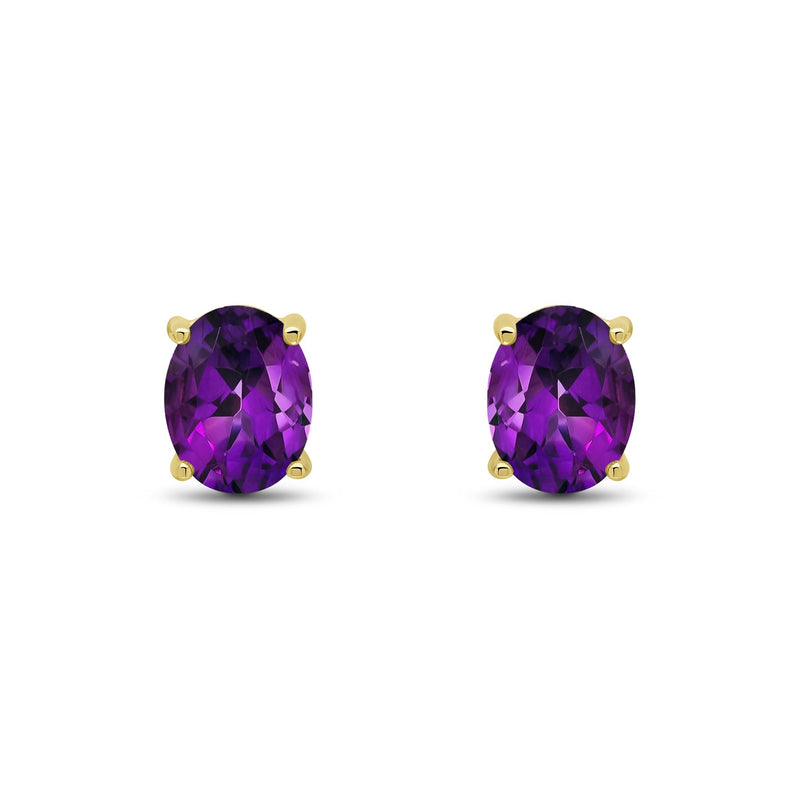 9ct Yellow Gold Oval Natural Amethyst Claw Stud Earrings — 9x7mm