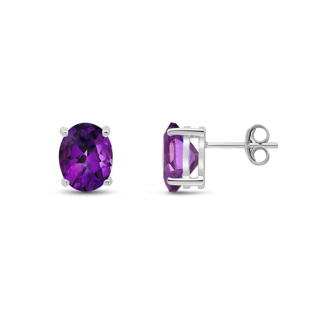 9ct White Gold Oval Natural Amethyst Claw Stud Earrings — 9x7mm